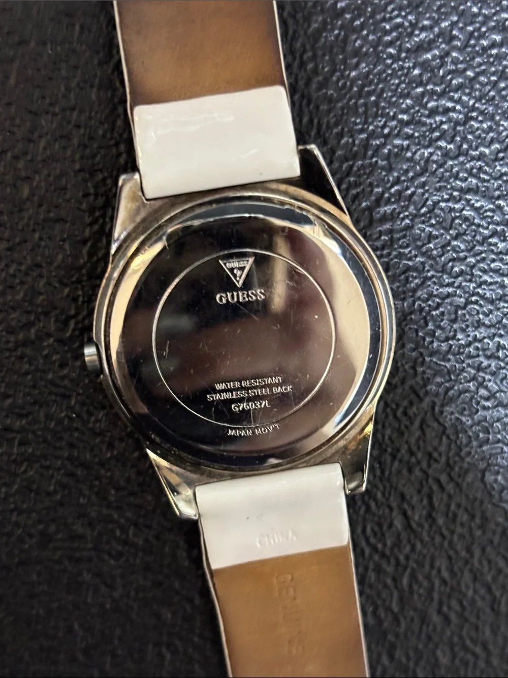 Guess Y2K Crystal-Trim Silver Dial Working Watch White Leather Strap Retro